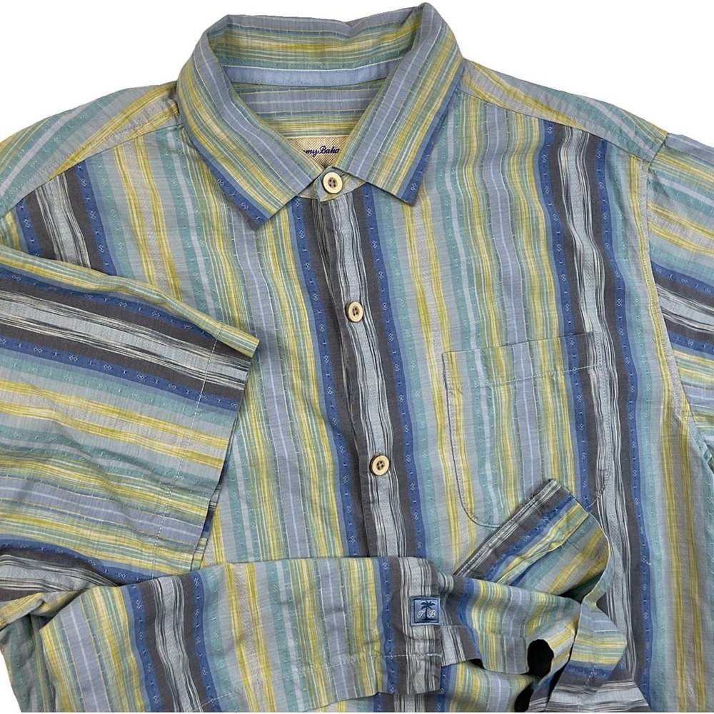 Tommy Bahama Shirt Men Sz M Original Fit Silk Cotton Vertical Striped Hawaiian